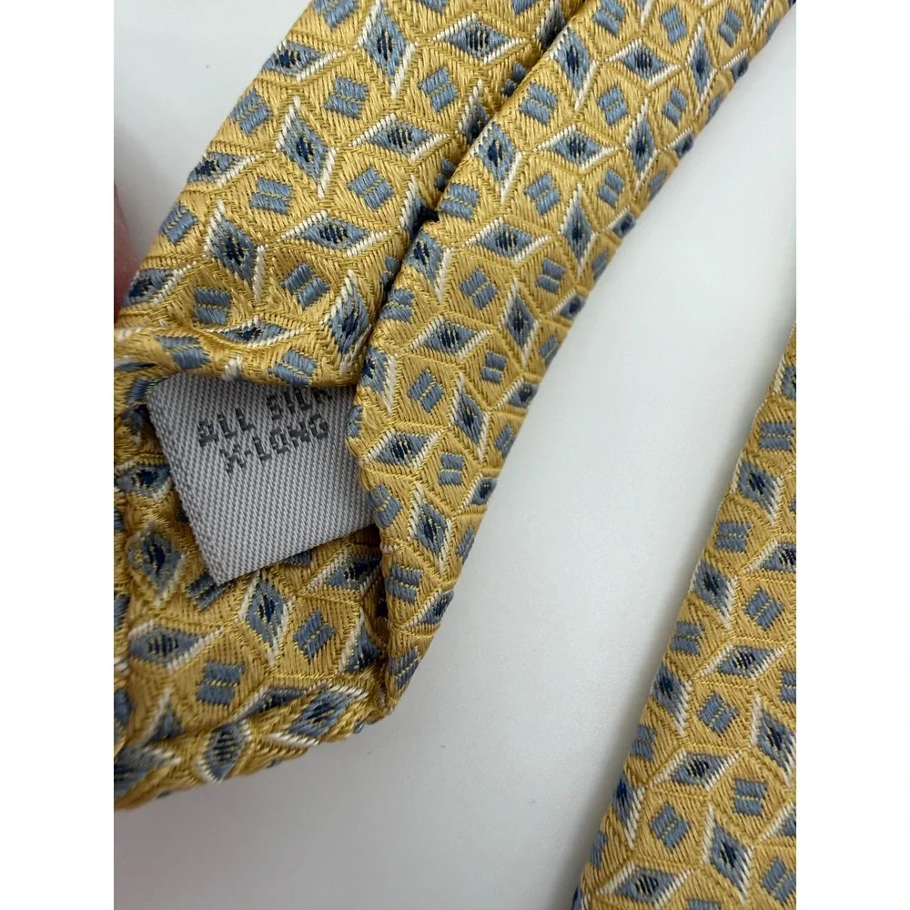 Burma Bibas Mens Silk Tie Gold Blue Geometric Diamond Extra Long XL Necktie